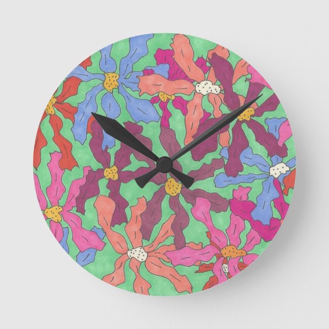 Retro Flower Pattern Boho Design Round Clock (Front)