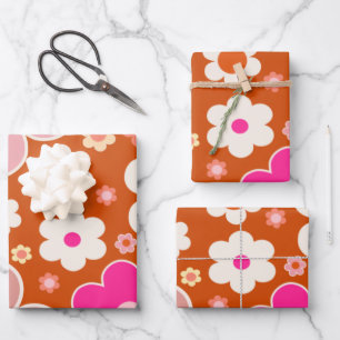 Retro Flower Pattern In Orange Peach Pink Floral Wrapping Paper Sheet