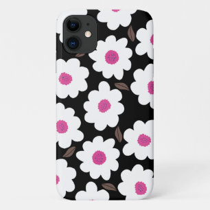Retro Flower Pattern in White on Black iPhone 11 Case