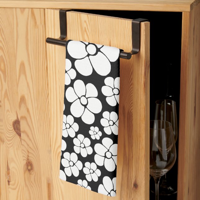 Retro Flower Pattern in White on Black Kitchen Towel (Thirds Fold)