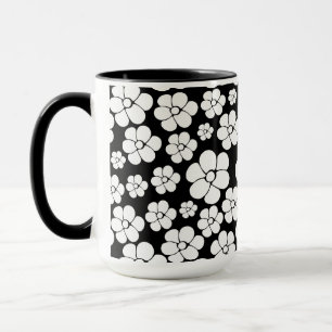 Retro Flower Pattern in White on Black Mug