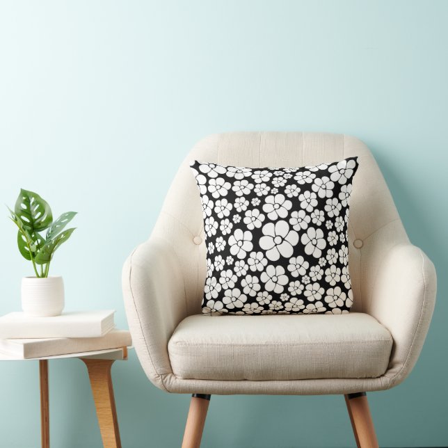 Retro Flower Pattern in White on Black Throw Pillow (Chair)