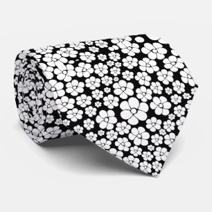 Retro Flower Pattern in White on Black Tie