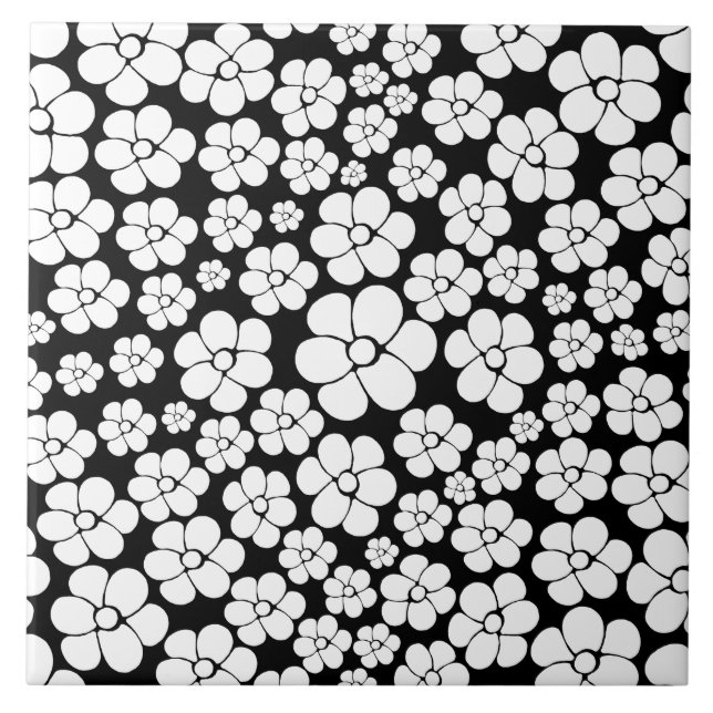 Retro Flower Pattern in White on Black Tile (Front)