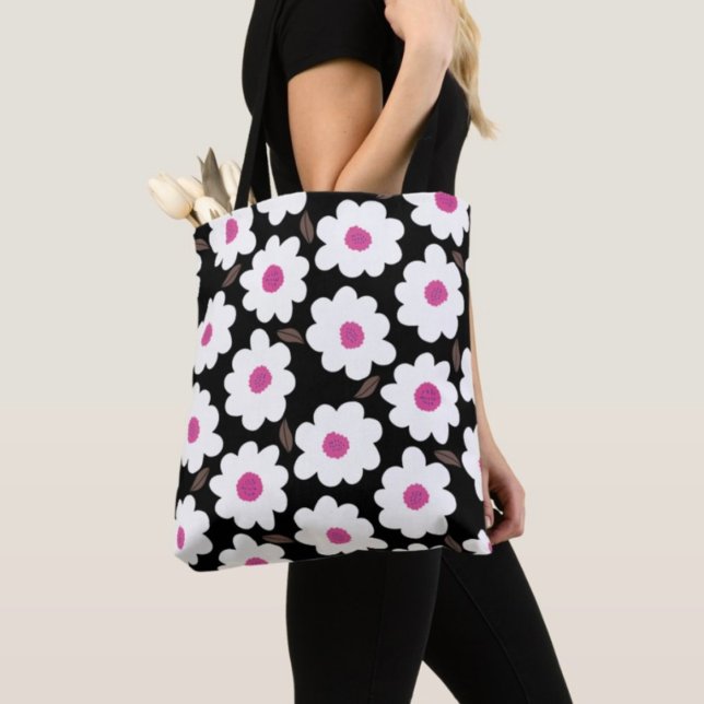Retro Flower Pattern in White on Black  Tote Bag (Creator Uploaded)