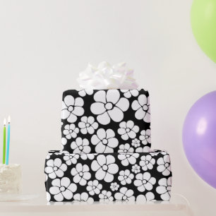 Retro Flower Pattern in White on Black Wrapping Paper