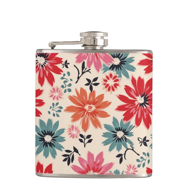 Retro Flower Pattern Red Orange Blue Hip Flask (Front)