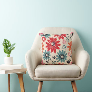 Retro Flower Pattern Red Orange Blue Throw Pillow