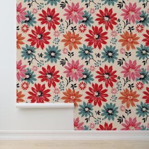 Retro Flower Pattern Red Orange Blue Wallpaper