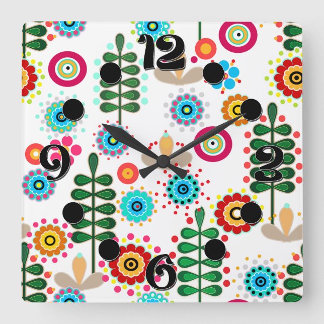 Retro, flower pattern square wall clock (Front)