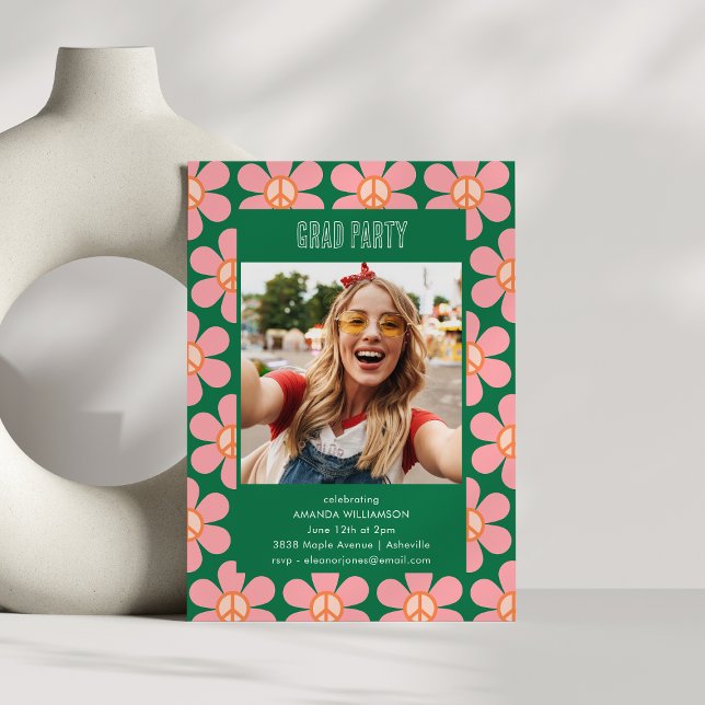 Retro Flower Peace Pink Green Grad Party Photo Invitation (Creator Uploaded)