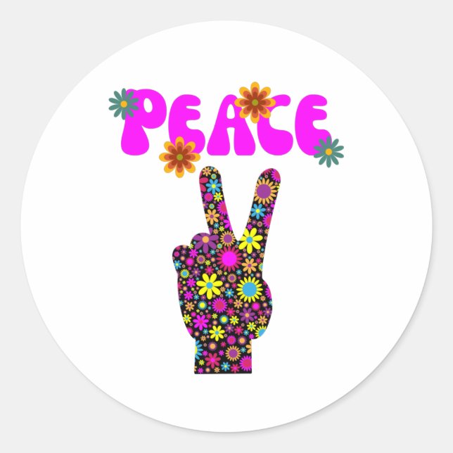 Retro Flower Peace Sign Classic Round Sticker (Front)
