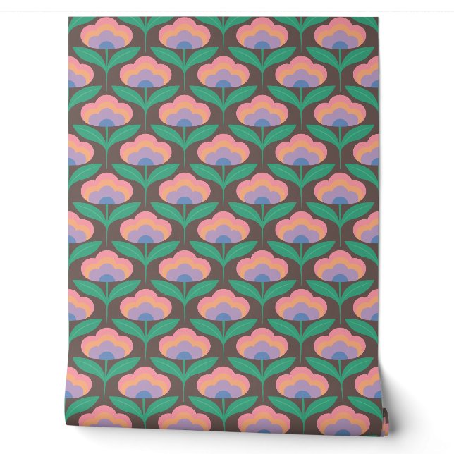 Retro flower peach blues on light brown wallpaper (Unrolling)