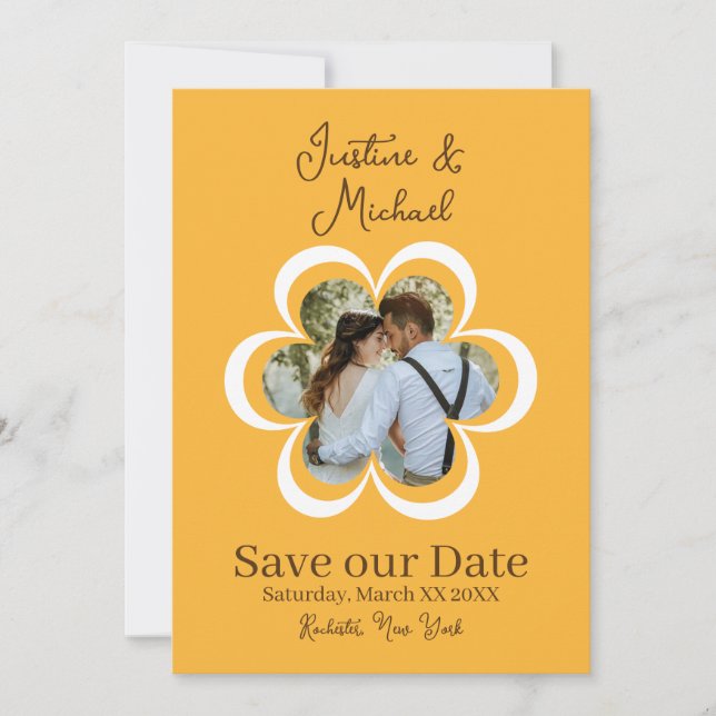 Retro Flower Photo Orange Wedding Save the Date Invitation (Front)