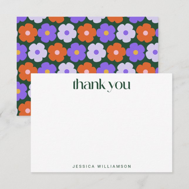Retro Flower Purple Green Custom Bridal Shower Thank You Card (Front/Back)