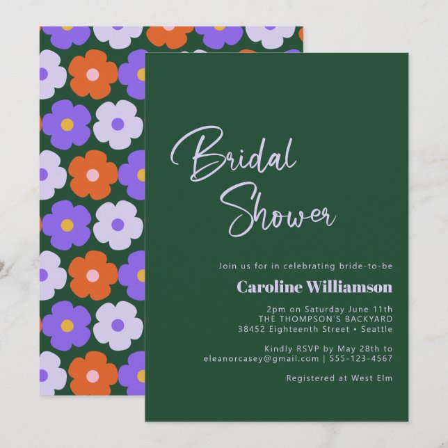 Retro Flower Purple Green Script Bridal Shower Invitation (Front/Back)