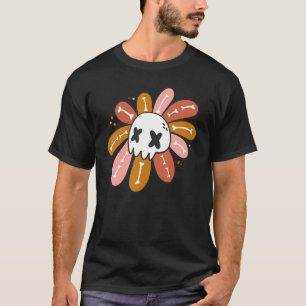 Retro Flower Skull Cute Halloween Spooky Season Co T-Shirt