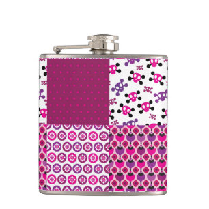 Retro flower skull polka dot hip flask