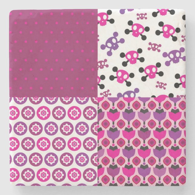 Retro flower skull polka dot stone coaster (Front)