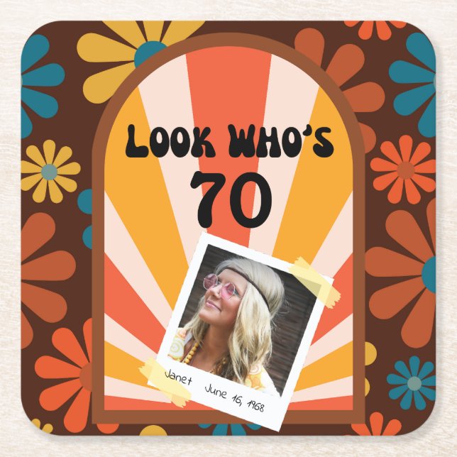 Retro Flower Sunrise Photo Birthday Paper Coaster (Front)