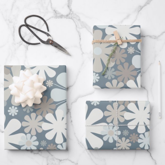 Retro Flowers 60s 70s Aesthetic Floral Pattern Wrapping Paper Sheet (Front)