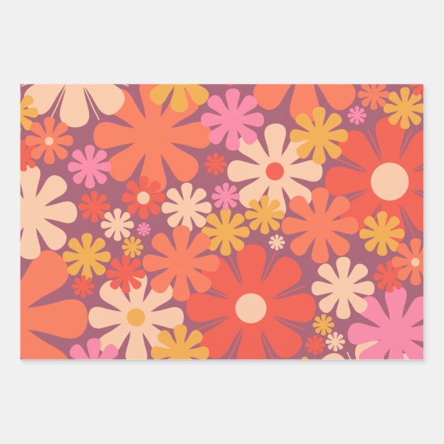Retro Flowers 60s 70s Aesthetic Floral Pattern Wrapping Paper Sheet (Front)