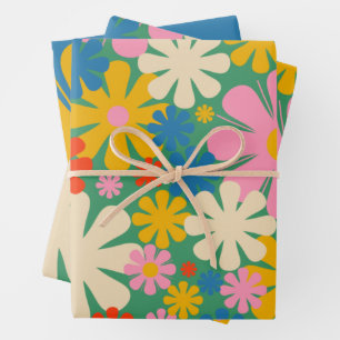Retro Flowers 60s 70s Colorful Floral Patterns Wrapping Paper Sheet