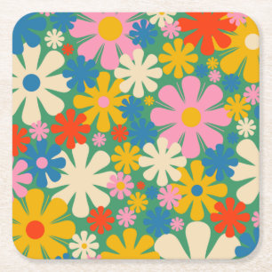 Retro Flowers 60s 70s Colourful Floral Pattern Square Paper Coaster
