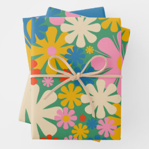 Retro Flowers 60s 70s Colourful Floral Patterns Wrapping Paper Sheet