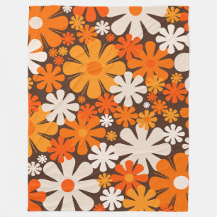 Retro Flowers 60s 70s Floral Pattern Brown Orange Fleece Blanket