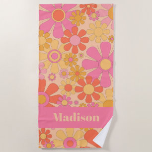 Retro Flowers 60s 70s Floral Pattern Personalized Beach Towel