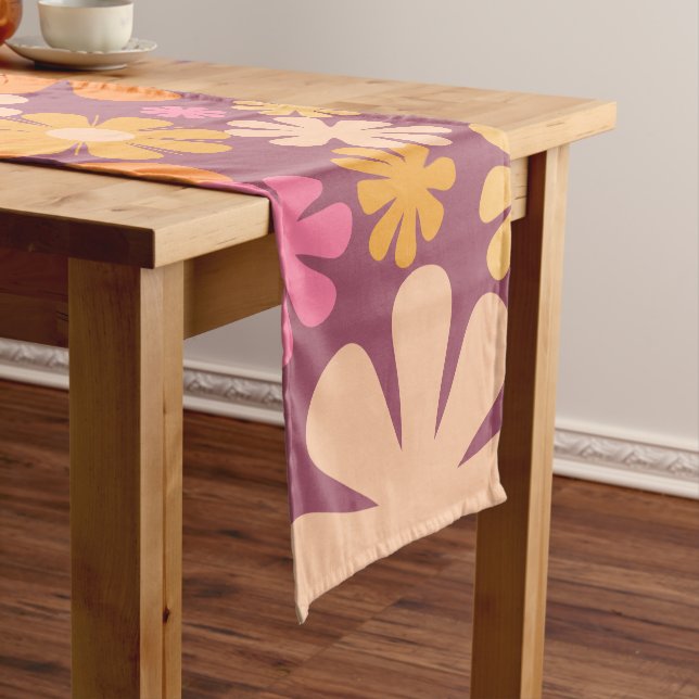 Retro Flowers 60s 70s Floral Pattern Pink Purple Short Table Runner (In Situ)