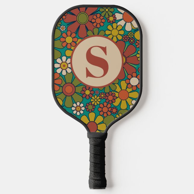 Retro Flowers 60s 70s Floral Pattern with Initial Pickleball Paddle (Front)