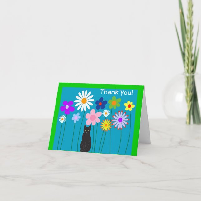 Retro Flowers and Black Cat Thank You Cards (Front)