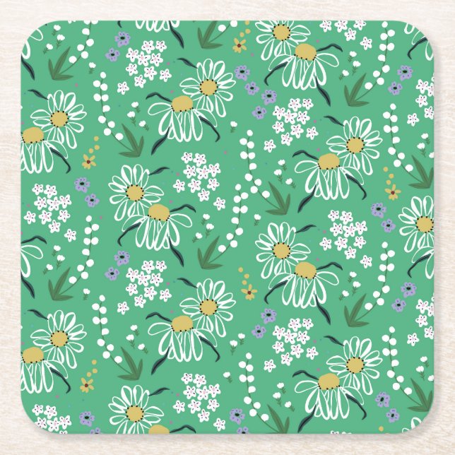 Retro Flowers, Botanical Seamless Pattern. Square Paper Coaster (Front)