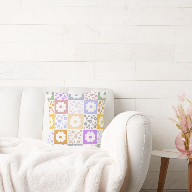 Retro Flowers Chequered Throw Pillow (Couch)