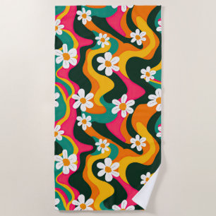 Retro Flowers Colourful 70s Hippie Pattern  Beach Towel