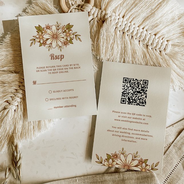Retro Flowers | Combo QR Code and Traditional RSVP Card (A trendy, neutral wedding rsvp card with retro flowers)