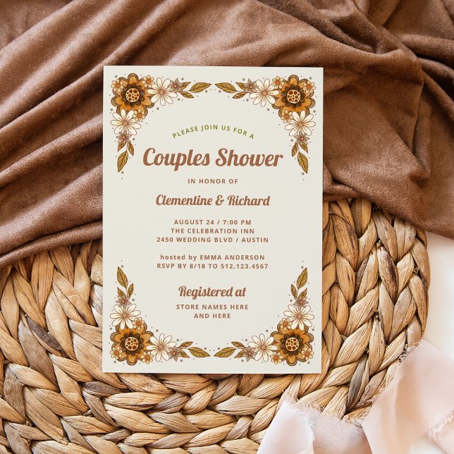 Retro Flowers | Couples Shower Invitation (A stylish couples wedding shower invitation with trendy retro flowers)