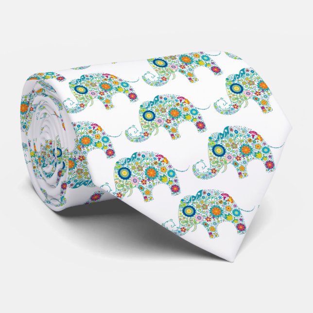 Retro Flowers Cute Elephant Pattern Tie (Rolled)