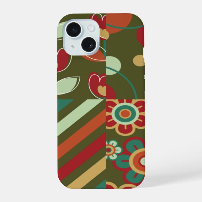 Retro Flowers Daisies Stripes Dots Pattern Fun iPhone 15 Case (Back)