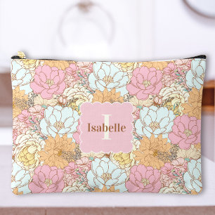 Retro Flowers Floral Pastel Name Monogram Accessory Pouch