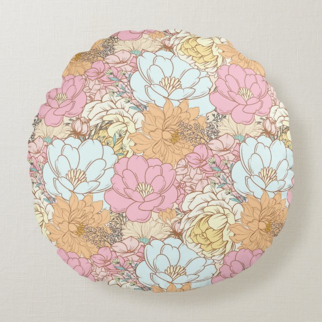Retro flowers, floral pattern round pillow (Front)