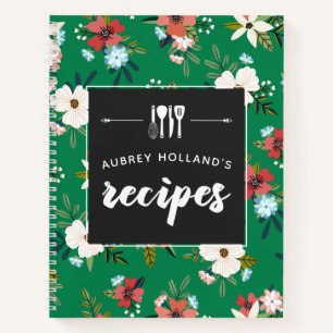 Retro Flowers Green Coral Floral Pattern Recipes Notebook