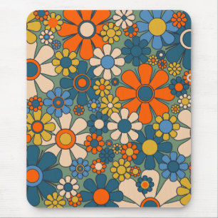 Retro Flowers Groovy Multicolor 60s 70s Floral Mouse Pad