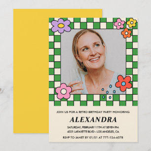 Retro Flowers Groovy Photo 68th birthday Invitation