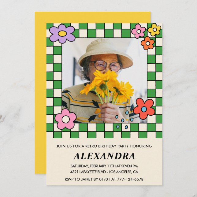 Retro Flowers Groovy Photo 94th birthday Invitation (Front/Back)