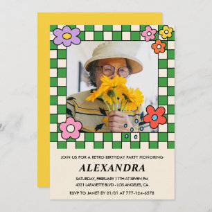 Retro Flowers Groovy Photo 98th birthday Invitation
