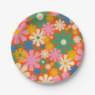 Retro Flowers Multi-Colour 60s 70s Floral Pattern Paper Plate