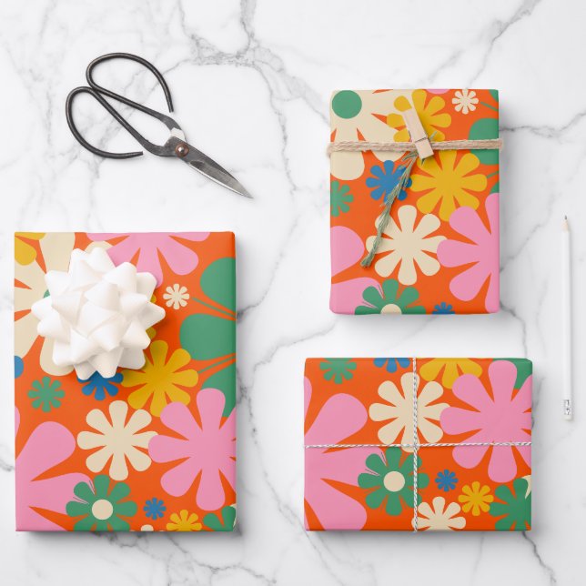 Retro Flowers Multi-Colour 60s 70s Floral Pattern Wrapping Paper Sheet (Front)